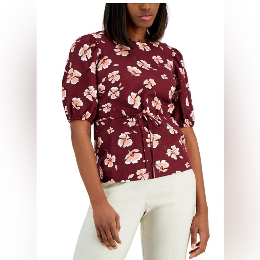 Alfani Red Floral Linen Blend Blouse Puff Sleeve Tie Waist Size L